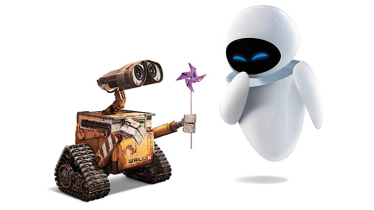 Wall-E and Eva, love, fiction, cartoon, robot, valley, weapon