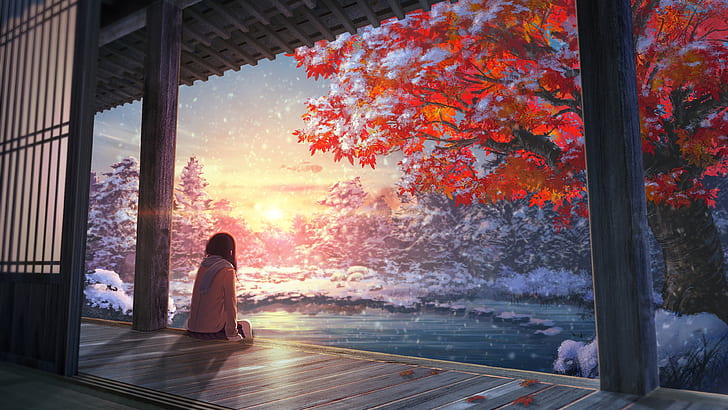 early snow, tree, anime girl, autumn, sunlight, anime art, pond