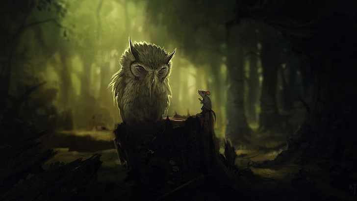 gray owl, gray owl beside gray mouse at nighttime, nature, artwork