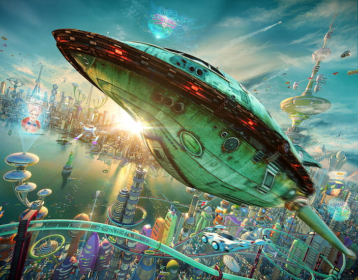 maroon and green spaceship illustration, Futurama, realistic, HD wallpaper