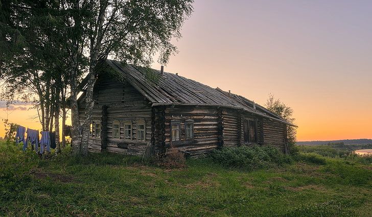 Russia, hut, landscape, plant, sky, built structure, architecture, HD wallpaper