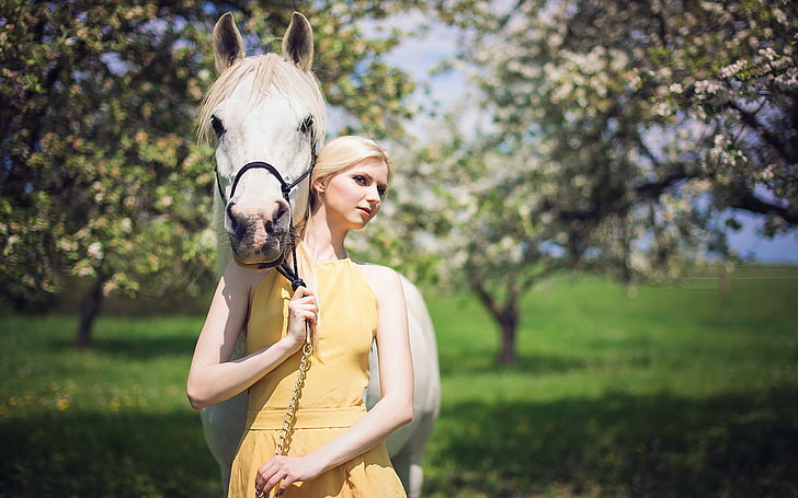 horse, women, model, yellow dress, women with horse, garden, HD wallpaper