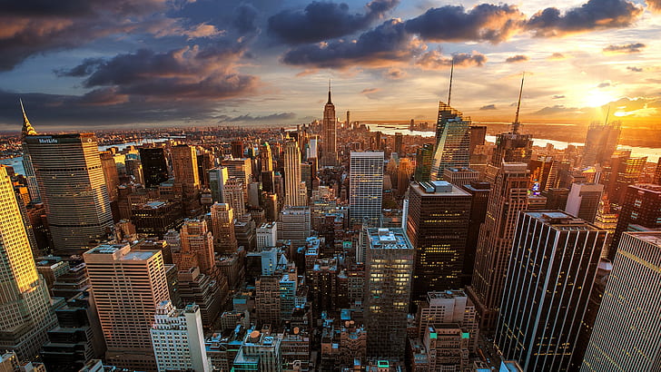 New York City, sunset, aerial view, HD wallpaper