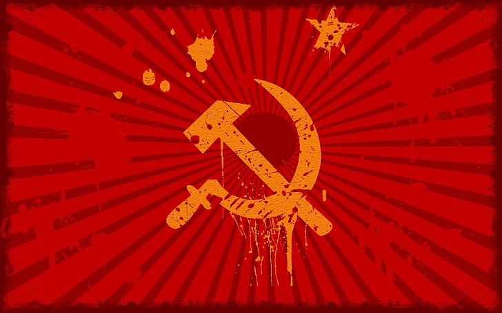 orange hatchet logo, Russia, USSR, red, flag, paint splatter, HD wallpaper