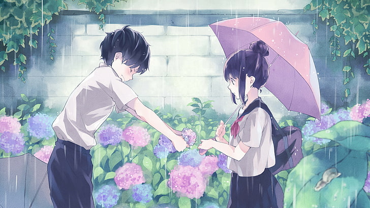 anime girls, anime boys, rain, flowers, umbrella, hairbun, school uniform