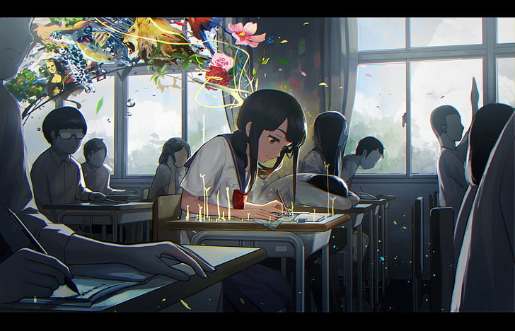 female anime character, classroom, flowers, gray background, school