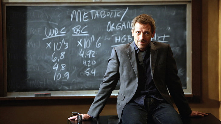men's black suit, House, M.D., Hugh Laurie, blackboard, young adult, HD wallpaper