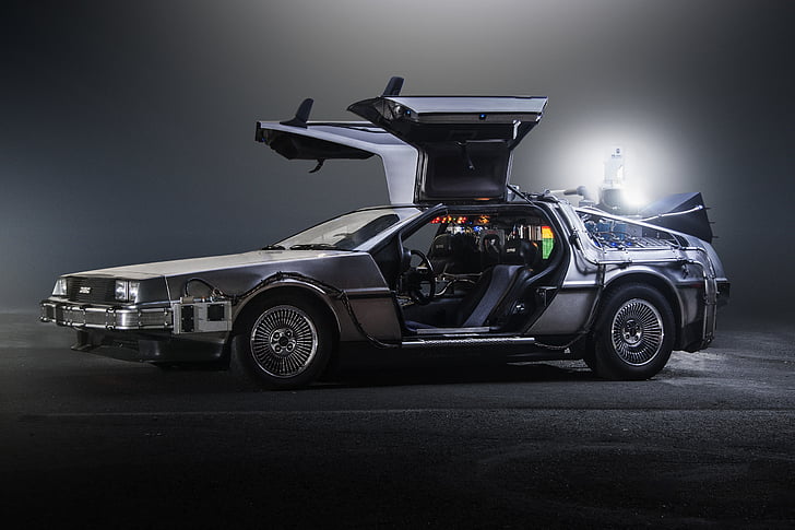 gray Back to the Future coupe, DeLorean time machine, 2017, HD