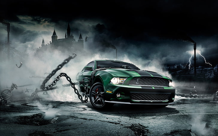 5th gen. green Ford Mustang coupe, Shelby, chain, car, power, HD wallpaper
