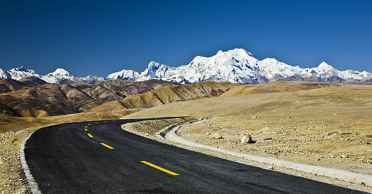 whining road going to snow top mountain, Friendship highway, Himalaya, HD wallpaper