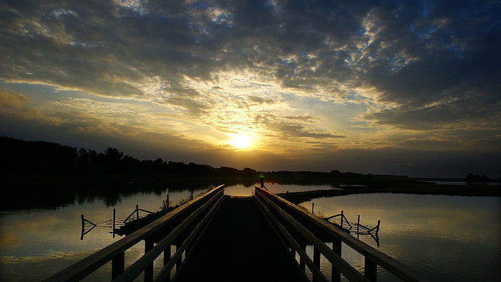 brown wooden foot bridge, landscape, lake, dusk, pier, sky, sunset