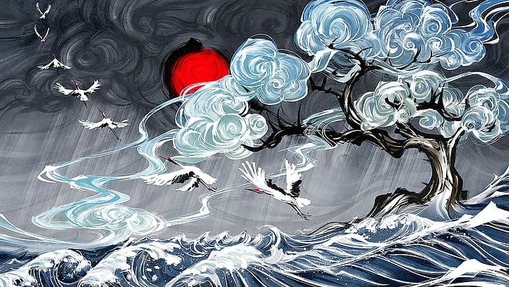 Yuumei, digital art, water, clouds, waves, Japanese Art, birds