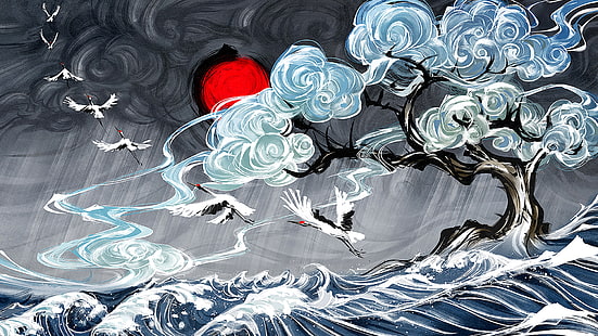 HD wallpaper: Yuumei, digital art, water, clouds, waves, Japanese Art,  birds | Wallpaper Flare