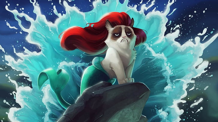 Grumpy Cat, Disney, humor, The Little Mermaid, HD wallpaper