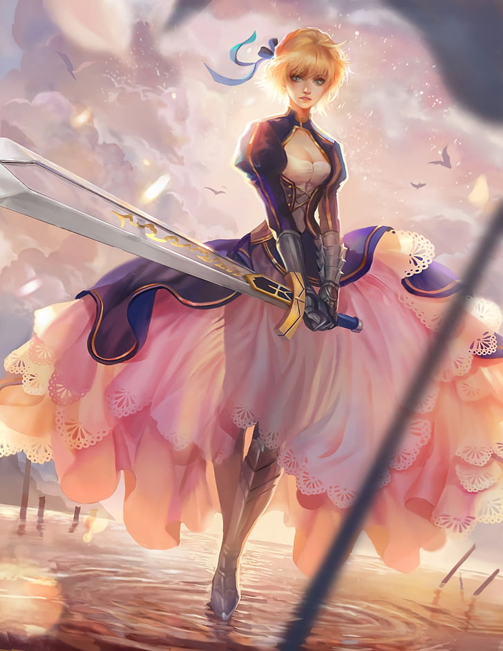 character woman holding sword wallpaper, anime, anime girls, Fate/Stay Night