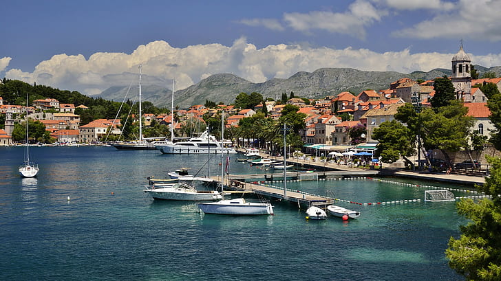Croatia, Cavtat, boat, pier, dock, town photos, HD wallpaper