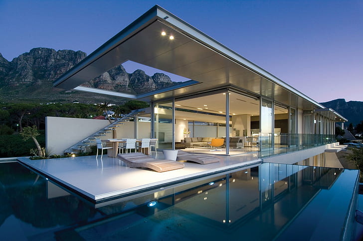 Cape Town, house, Lounge, Modern, mountains, reflection, swimming Pool