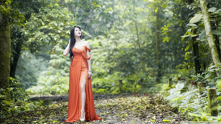 women's orange off-shoulder dress, Asian, forest, tree, young adult, HD wallpaper