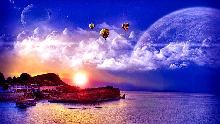 good night, evening, space, horizon, dreamland, sea, sky, water, HD wallpaper