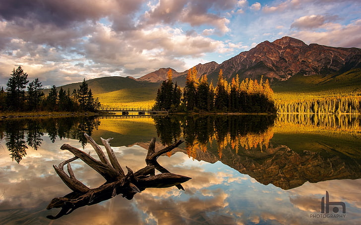 landscape, nature, lake, mountains, reflection, clouds, Jasper National Park