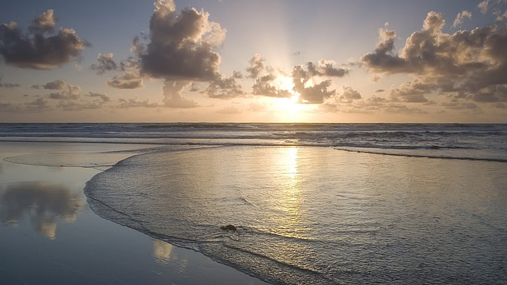 beach, sea, waves, sunlight, reflection, horizon, sky, water, HD wallpaper