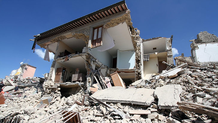 earthquake, destruction, house, brick, mortar, destroyed, debris, HD wallpaper