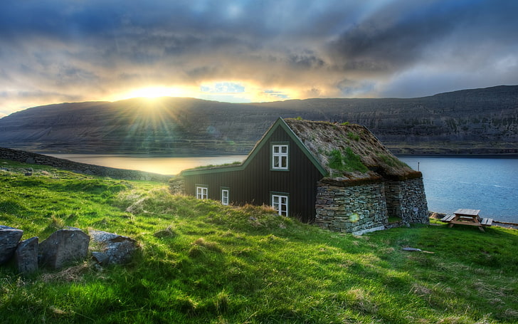nature, landscape, sunset, river, HDR, sunlight, house, Iceland, HD wallpaper