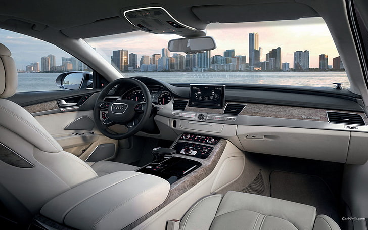 white Audi interior, car, Audi A8, car interior, transportation