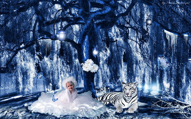 Calido Invierno, girl's white silk overlay gown, tiger, trees, HD wallpaper