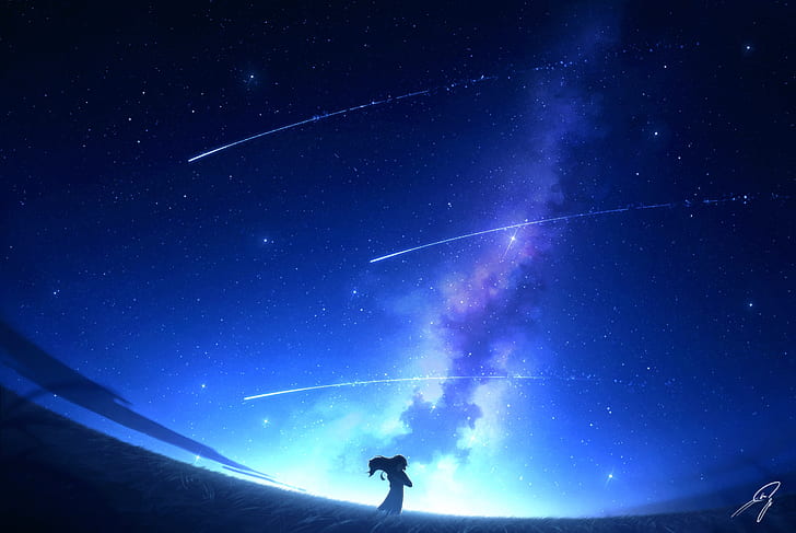 Anime School Girl Under The Starry Night Sky With Shooting Stars Live  Wallpaper  MoeWalls