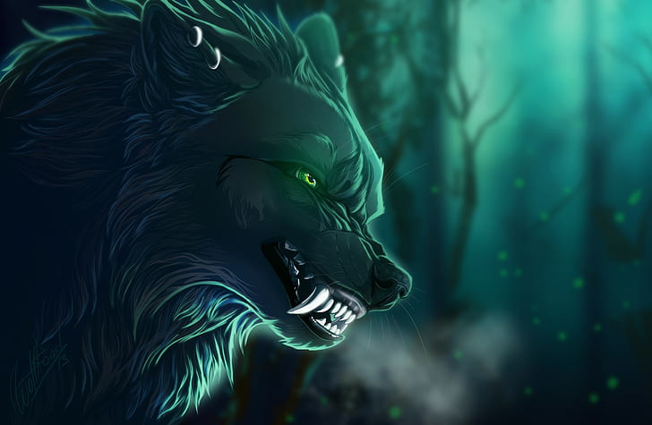 artwork, creature, wolf, fantasy art, green eyes