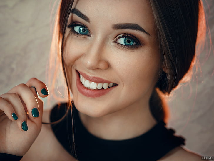 Evgeny Freyer, face, women, blue eyes, smiling, portrait