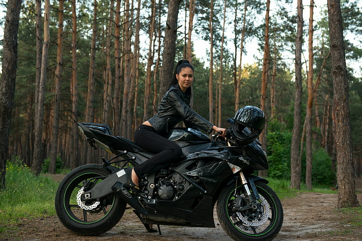 motorcycle, women, Kawasaki ninja, ponytail, Macy B, leather jackets
