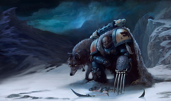 bear and warrior digital wallpaper, snow, mountains, claws, wolves