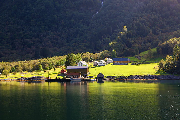 houses near body of water and mountain, norway, norway, Nærøyfjord