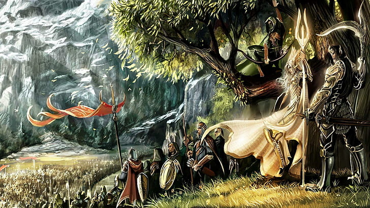 Traveling Elves, race, nature, fantasy, warriors, army, painting