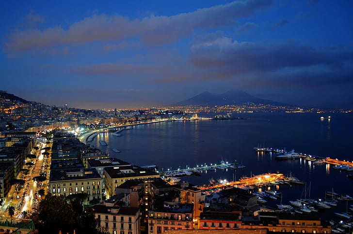Napoli, city, cityscape, Mount Vesuvius, city lights, ports, HD wallpaper