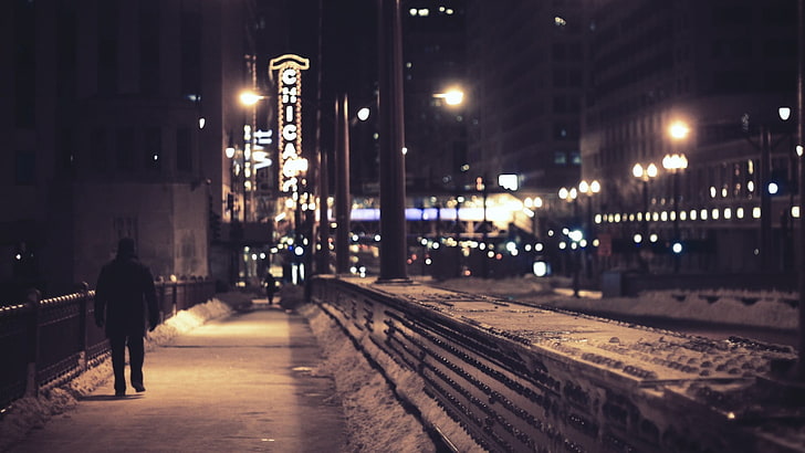 cityscape, night, urban, Chicago, illuminated, street, street light