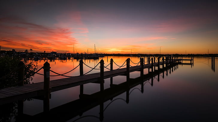 brown dock, florida, florida, Key Largo, sunset - Florida, United States, HD wallpaper