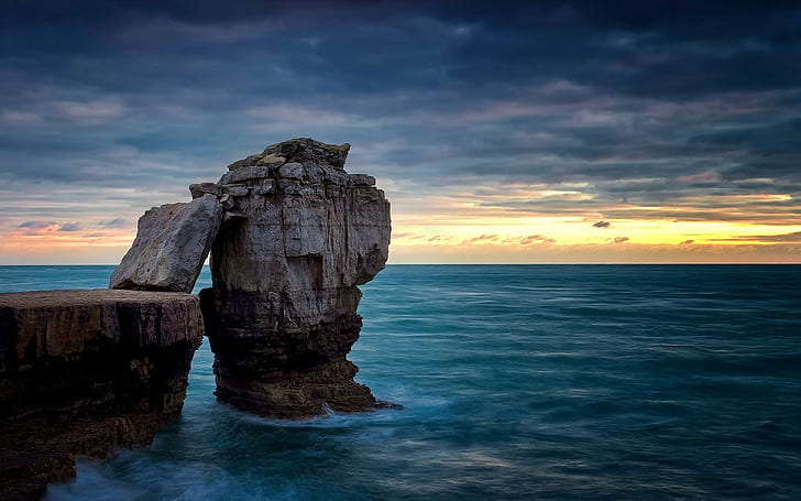 nature, landscape, sea, sunset, rock, island, clouds, England, HD wallpaper