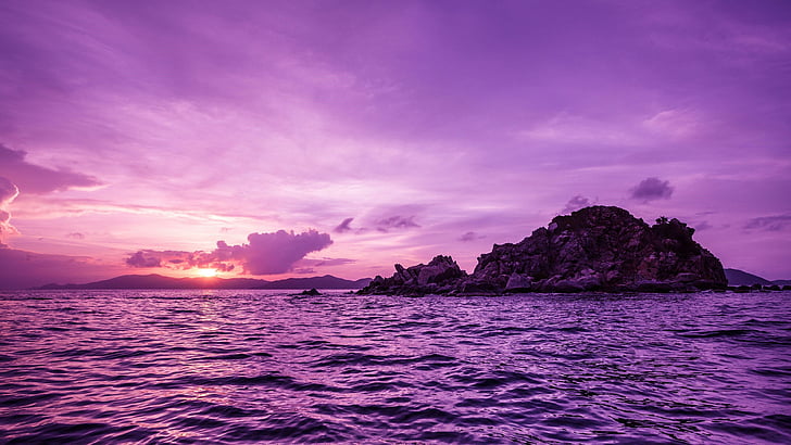 purple, water, rocks, island, sunset, sea, ocean, nature, HD wallpaper
