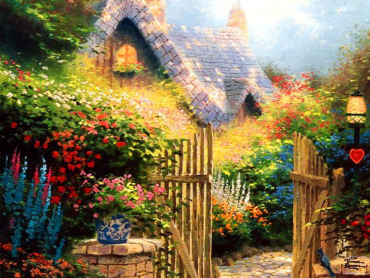 Beautiful Small House, brown wooden gate, cozy, calmness, colorful