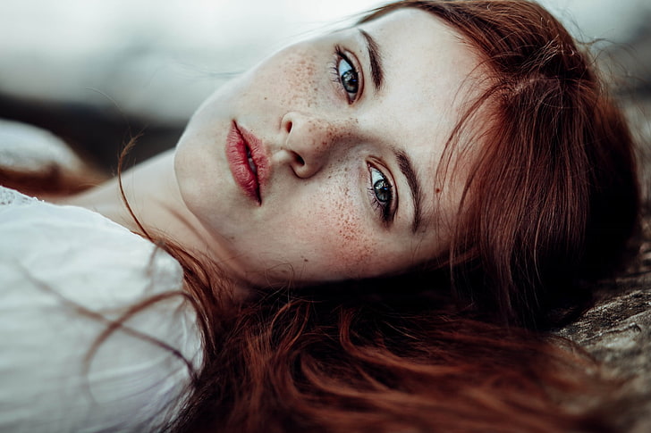 Anne Hoffmann, women, model, looking at viewer, redhead, lying on back
