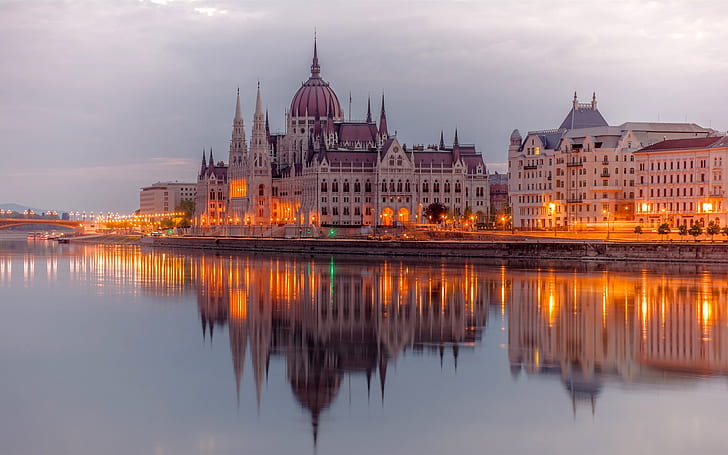 Budapest, Hungary, river Danube, Parliament buildings, lights, evening