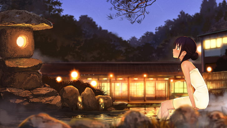 anime girls, hot spring, night, water, nature, dusk, adult