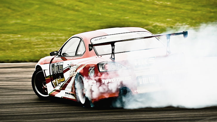 red and white rally car, sport, tuning, smoke, skid, cars, drift HD wallpaper