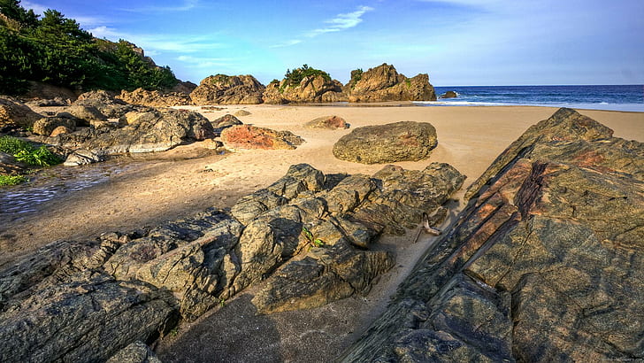 Roc on the beach, sand rocks during daylight, landscape, sea, HD wallpaper
