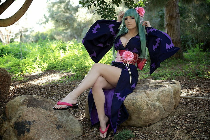 jessica nigri cosplay women cleavage kimono green hair sandals feet toes, HD wallpaper
