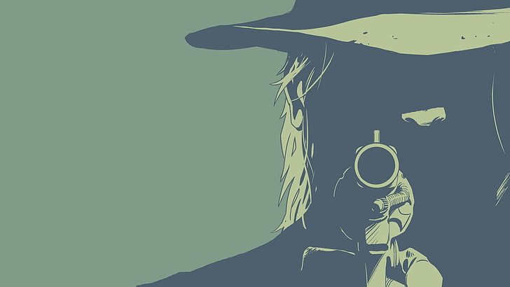 illustration of person with revolver, minimalism, cowboys, green