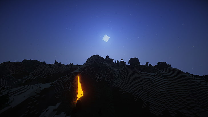 Minecraft, Sun, Moon, lava, water, shaders, black, night, sky, HD wallpaper